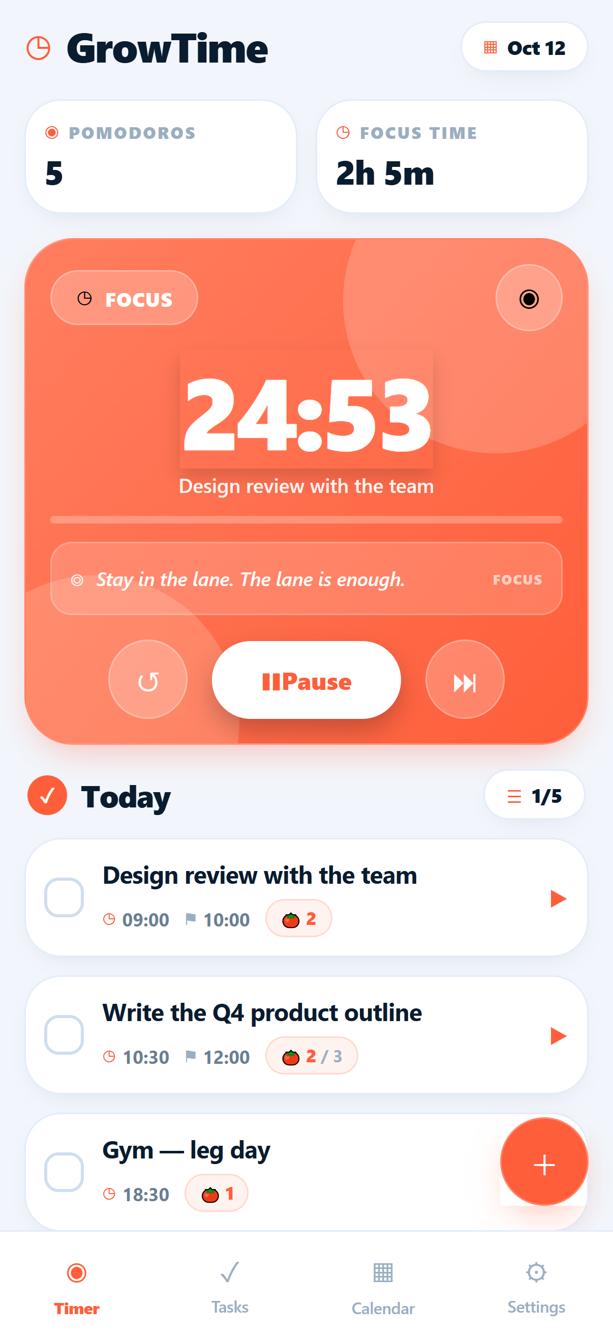 GrowTime focus timer running with a task name and progress ring