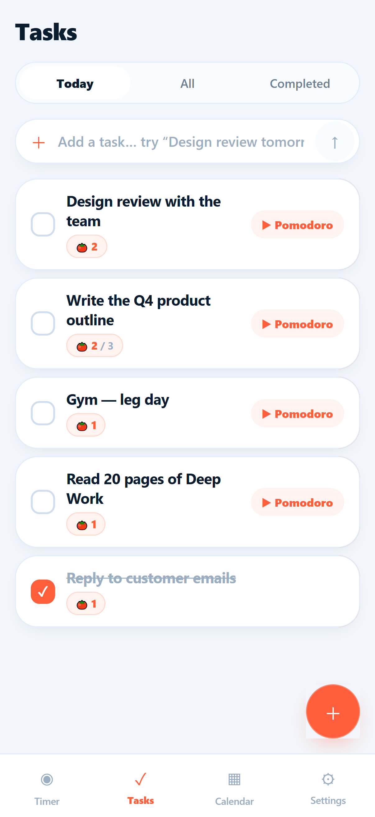 GrowTime task list with scheduled times and pomodoro estimates